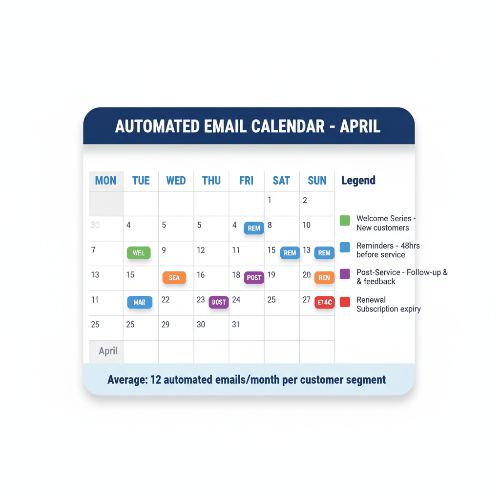 Monthly email automation calendar showing optimal timing for different pest control communication types - email marketing calendar