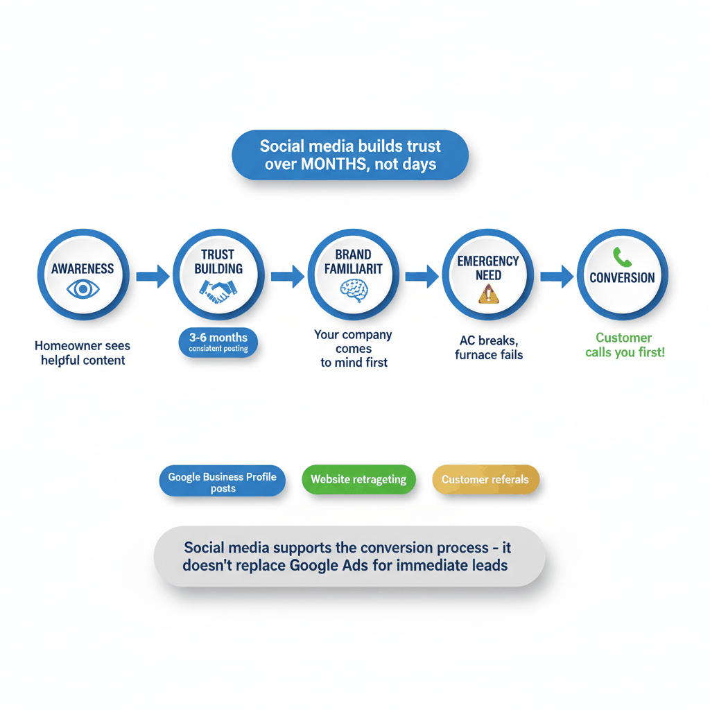 HVAC social media lead conversion process showing 5-stage customer journey from awareness to phone call over 3-6 months