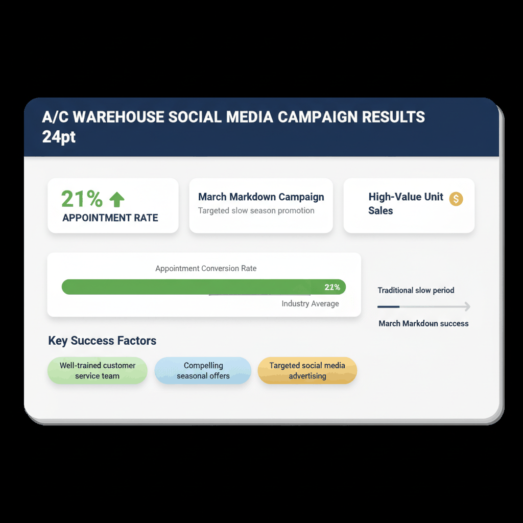 A/C Warehouse social media campaign results dashboard showing 21% appointment rate success during traditionally slow season