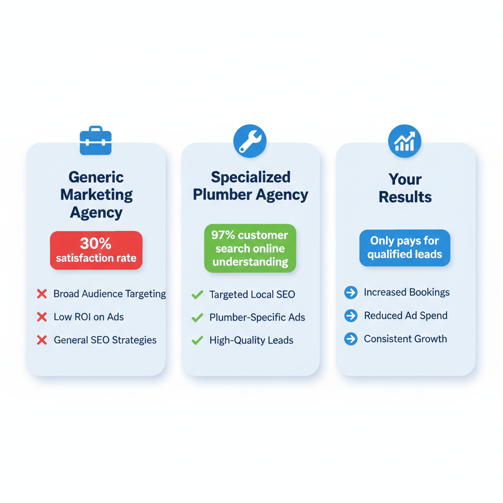 Comparison chart showing generic vs specialized plumber marketing agencies with satisfaction rates and industry expertise differences