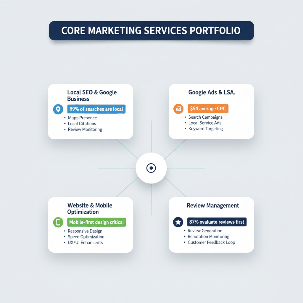 Dashboard showing four core plumber marketing services with key statistics including 69% local search rate and $54 CPC costs