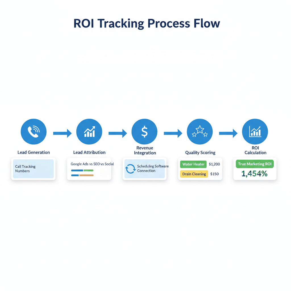 ROI tracking flow chart showing lead attribution process from call tracking to revenue calculation with 1,454% ROI result