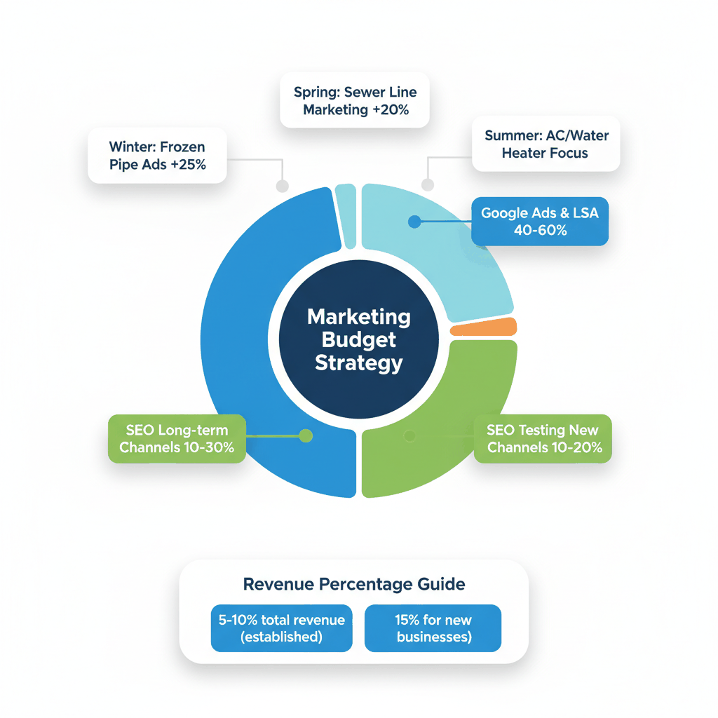 Marketing budget allocation chart showing 40-60% for Google Ads, 20-30% for SEO, with seasonal adjustment strategies