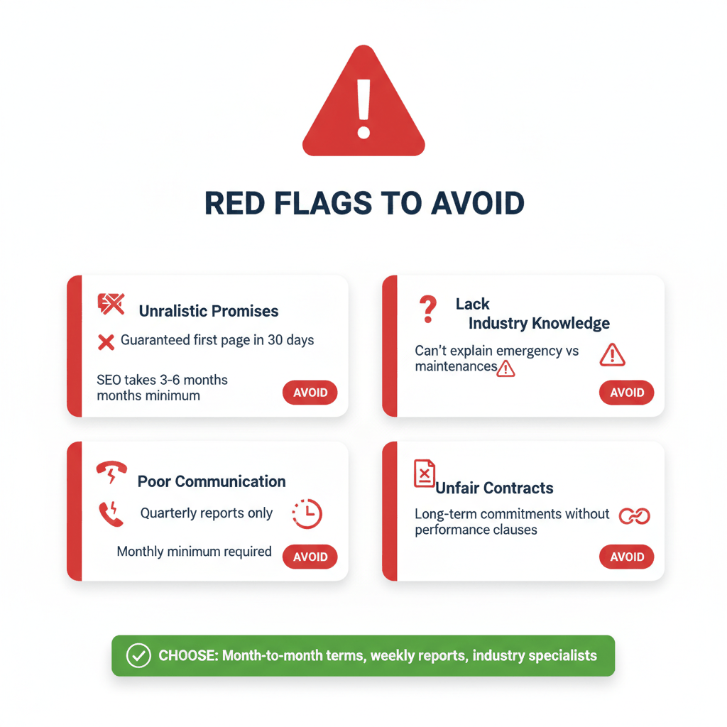 Red flags warning system for avoiding bad plumber marketing agencies including unrealistic promises and poor contract terms