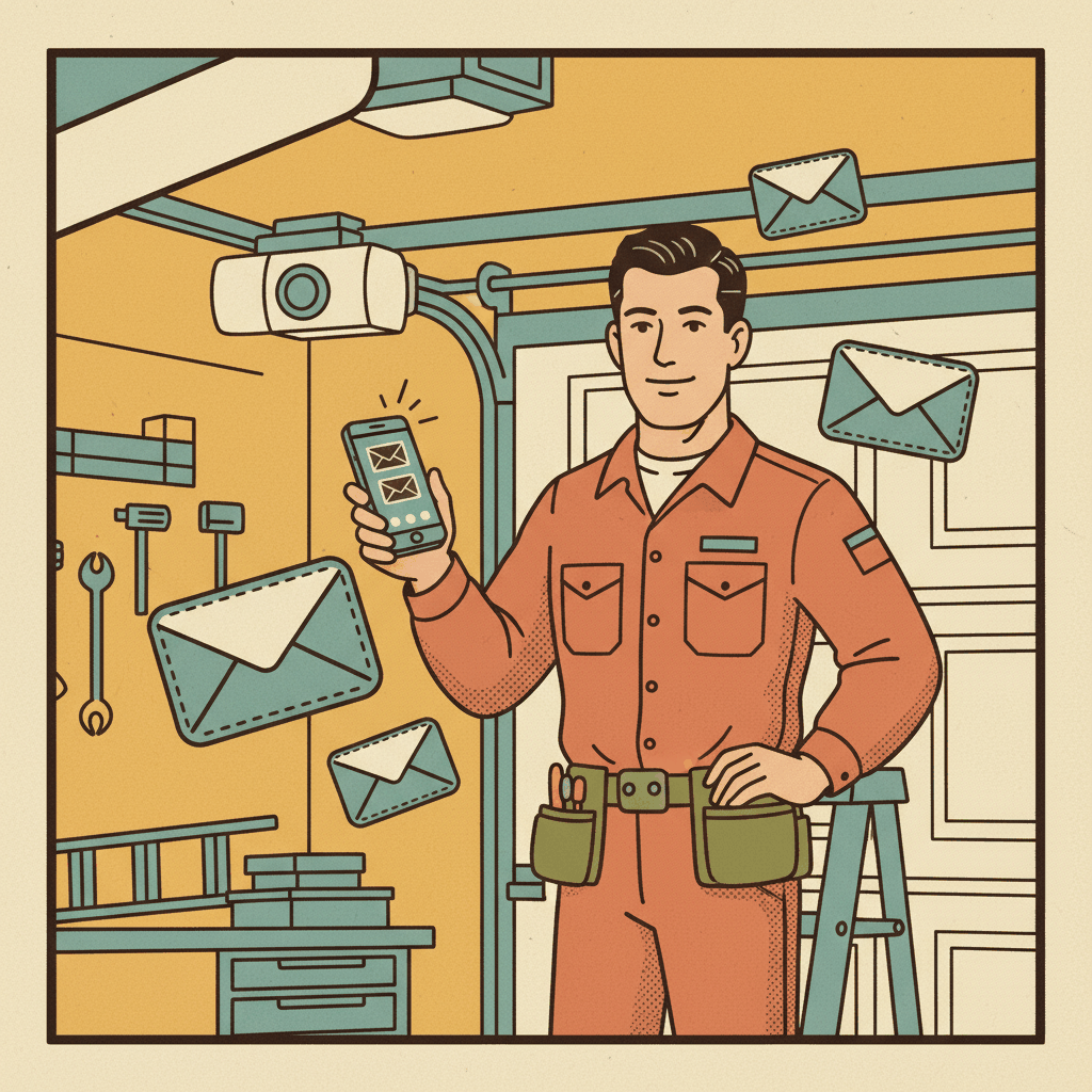 Vintage-style illustration of garage door repair technician responding to customer emails - high-converting email templates