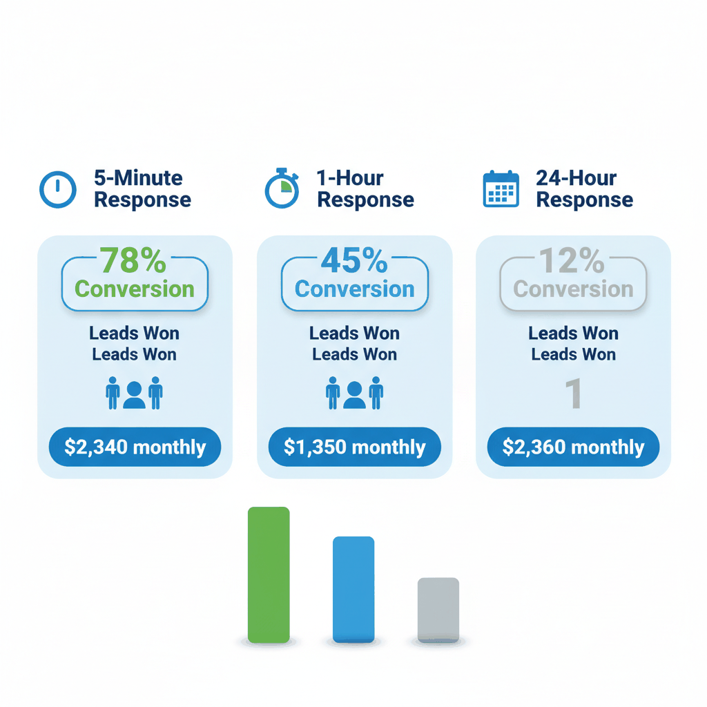 Email response time comparison chart showing 5-minute responses convert 78% of garage door repair leads versus 12% for 24-hour responses