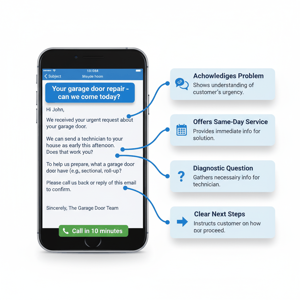 Emergency garage door repair email template breakdown showing key elements that convert leads into customers