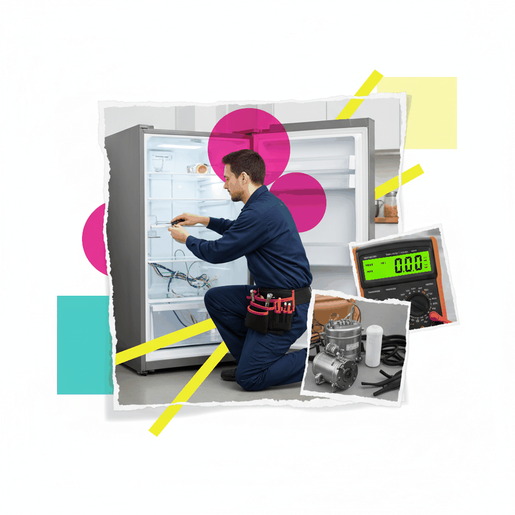 Contemporary photo collage of appliance repair technician working on refrigerator with mixed media elements - Google Ads vs Local Service Ads for appliance repair leads