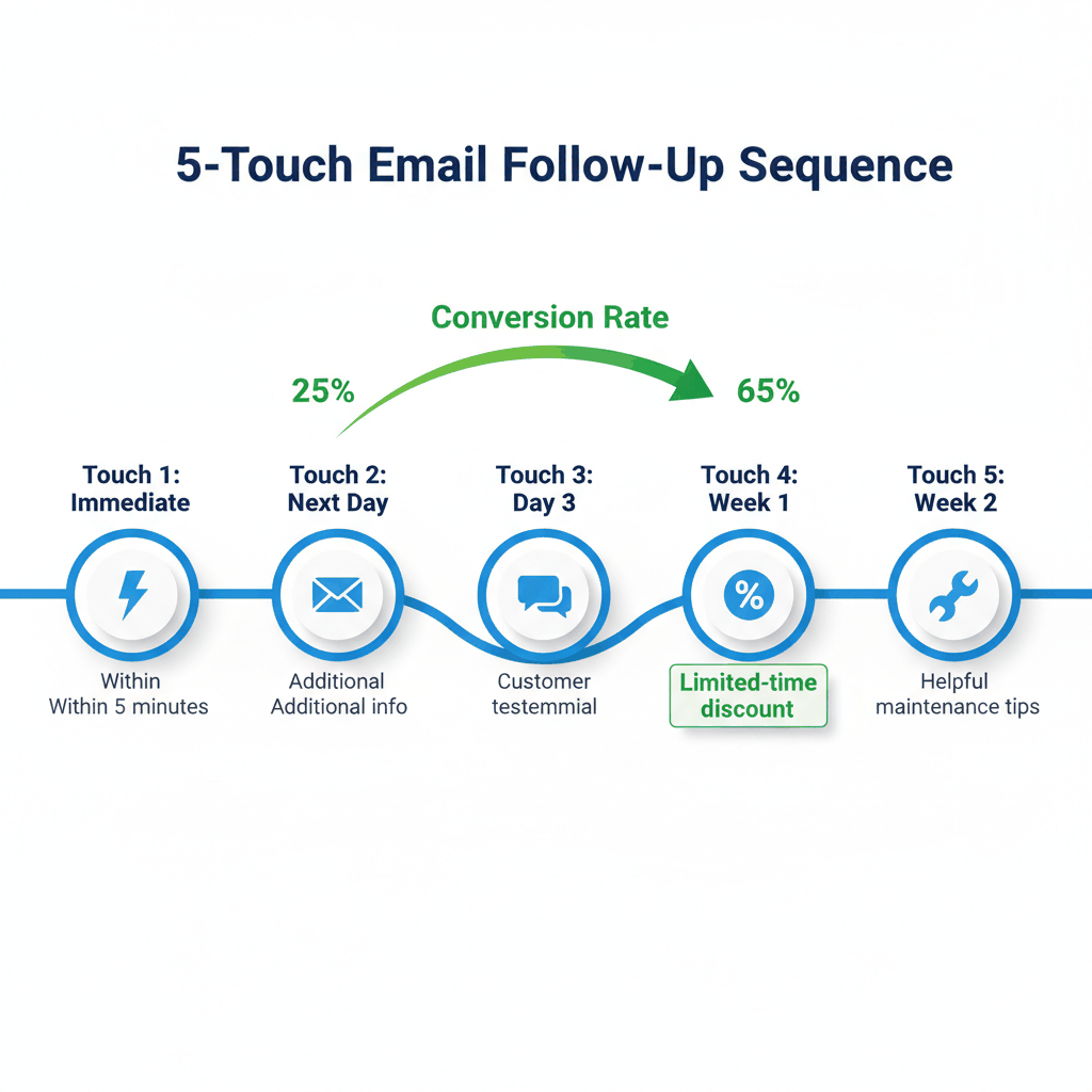 5-touch email follow-up sequence timeline for garage door repair leads showing timing and content strategy over two weeks