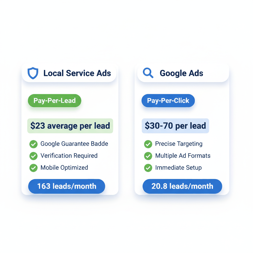 Side-by-side comparison infographic showing Google Ads vs Local Service Ads pricing, features, and lead volume for appliance repair businesses