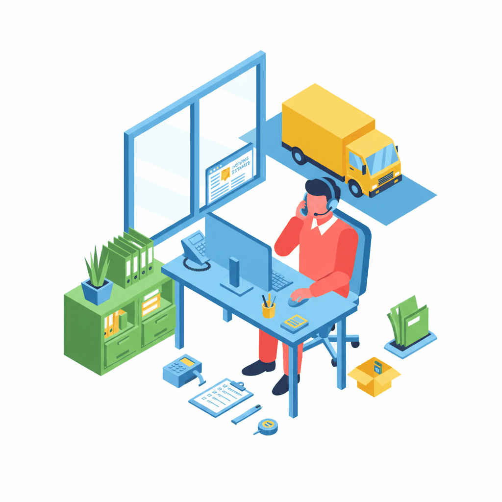 Professional moving company sales consultation isometric workspace illustration - moving company sales scripts