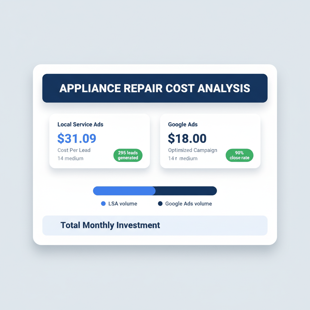 Dashboard showing real cost per lead data for Local Service Ads versus Google Ads in appliance repair marketing campaigns