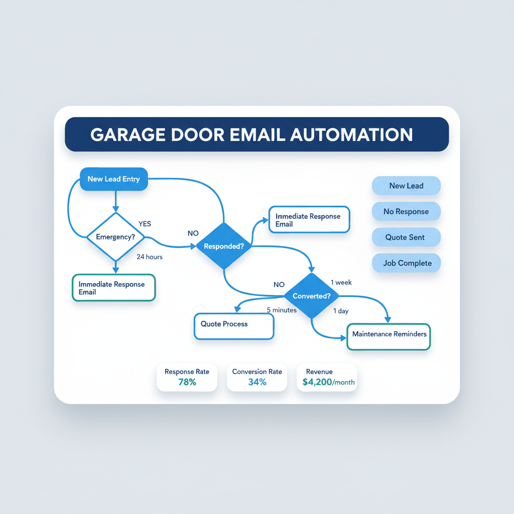 Automated email marketing workflow diagram for garage door repair companies showing lead processing and follow-up sequences