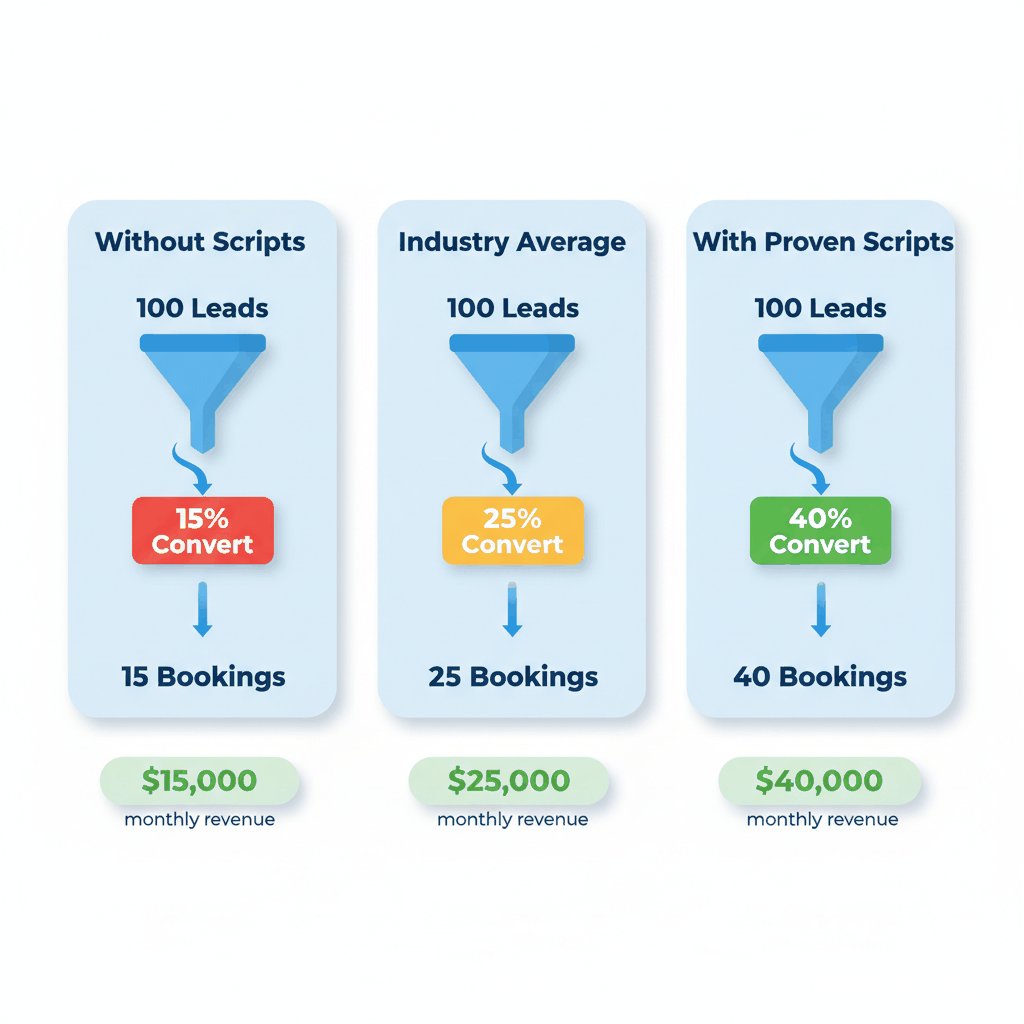 Moving company lead conversion rate comparison showing 15% without scripts vs 40% with proven sales scripts and revenue impact