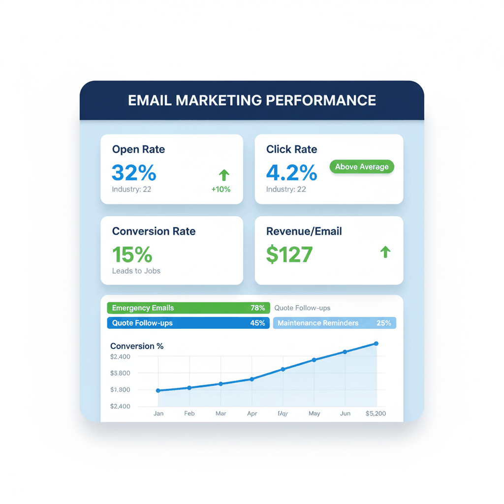 Email marketing performance dashboard showing garage door company metrics: 32% open rate, 15% conversion rate, $127 revenue per email