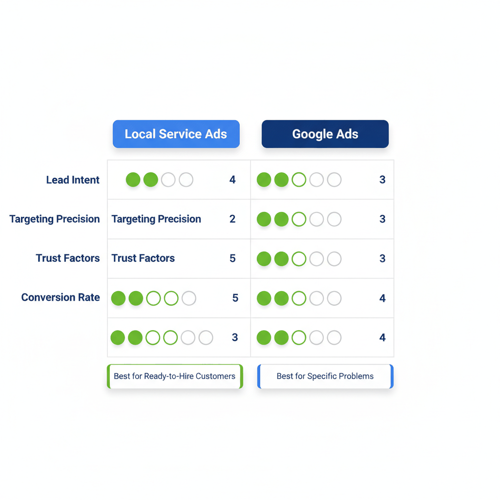 Lead quality comparison matrix showing rating scores for Local Service Ads vs Google Ads across intent, targeting, trust, and conversion metrics