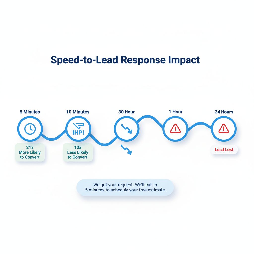 Speed-to-lead response timeline showing 21x higher conversion rates within 5 minutes vs declining success over time