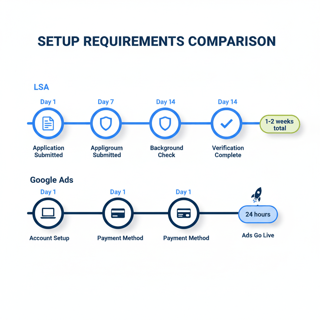 Timeline comparison showing Local Service Ads 1-2 week verification process versus Google Ads 24-hour setup for appliance repair businesses