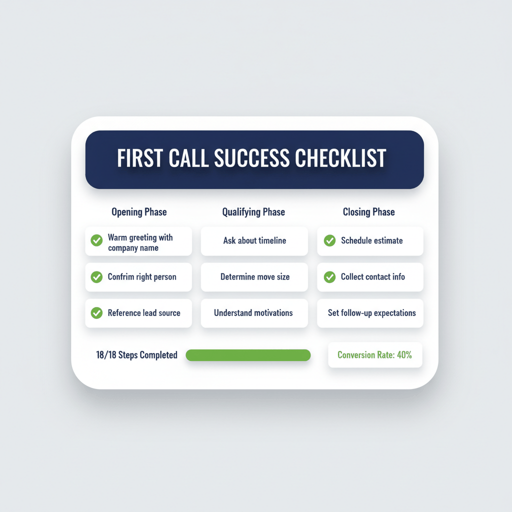 Moving company first call checklist dashboard showing 18 essential steps for 40% conversion rate success