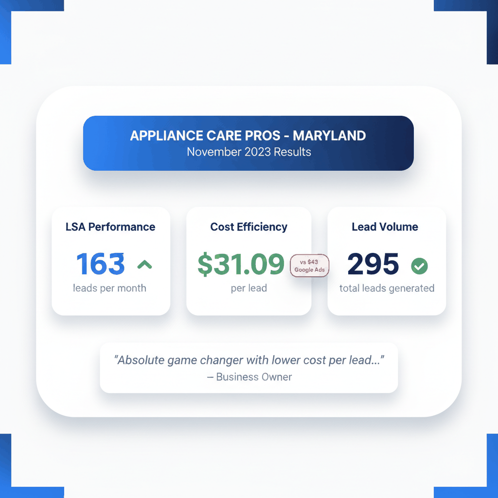 Success metrics dashboard showing Appliance Care Pros achieved 163 leads per month at $31.09 per lead using Local Service Ads