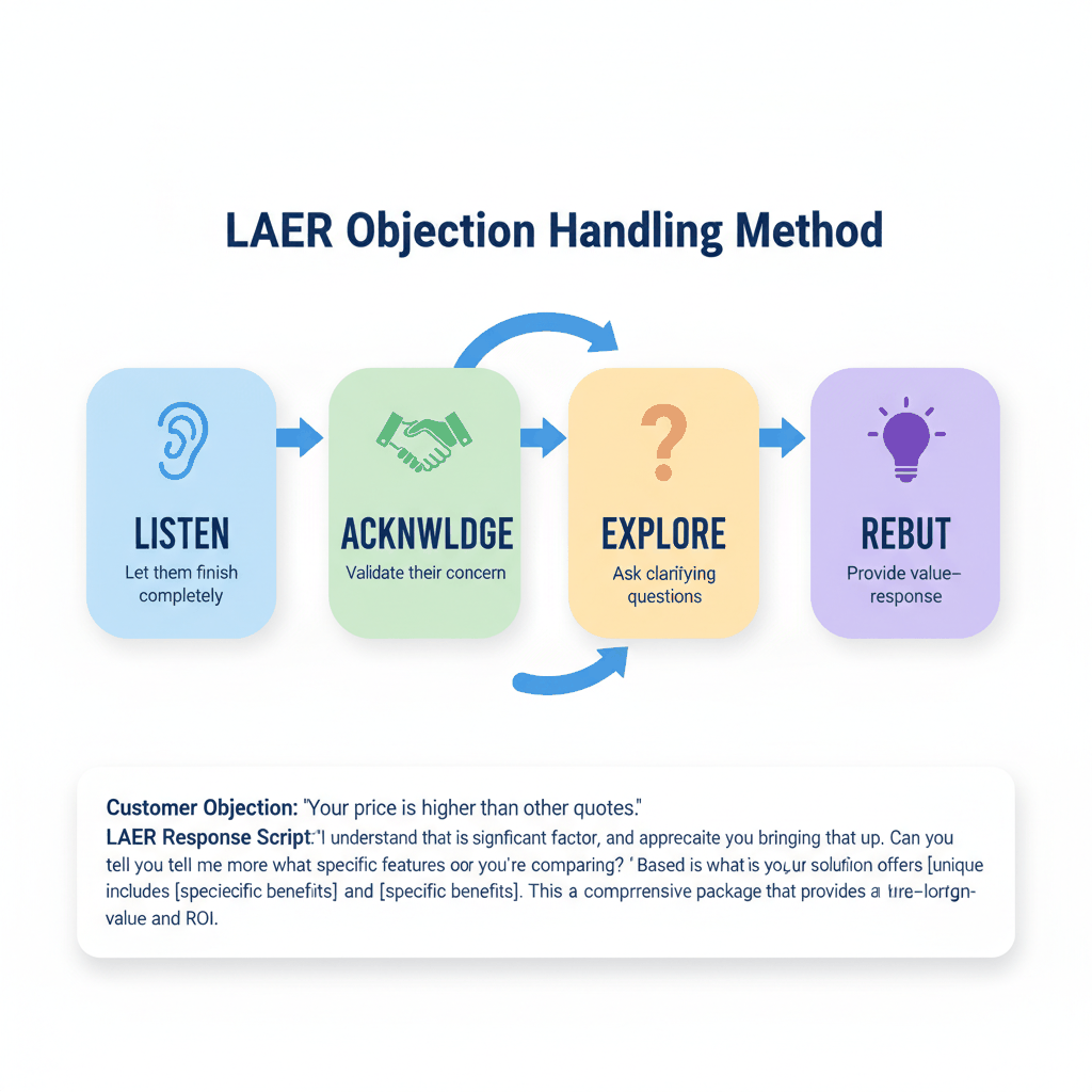 LAER objection handling method for moving companies - Listen, Acknowledge, Explore, Rebut process with example scripts