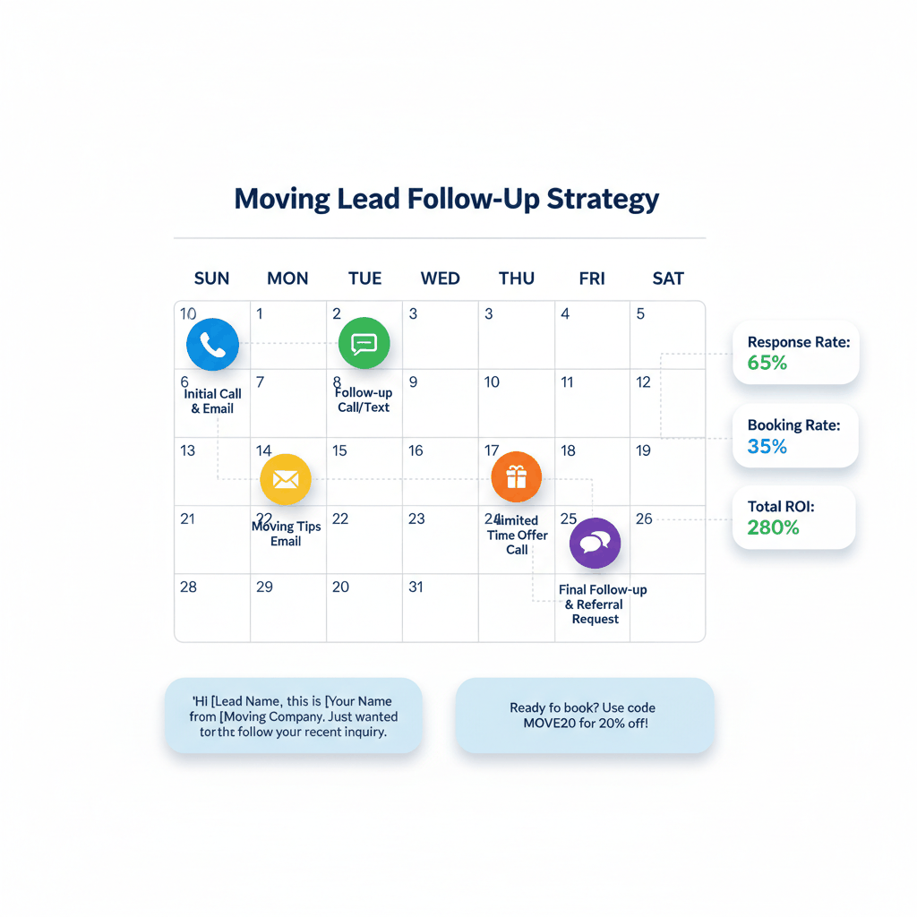 30-day moving lead follow-up calendar showing 5 touchpoints for 35% booking rate and 280% ROI conversion strategy