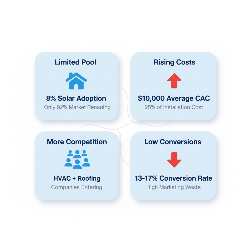 Solar marketing challenges breakdown showing limited prospects, rising costs, increased competition, and low conversion rates with key statistics