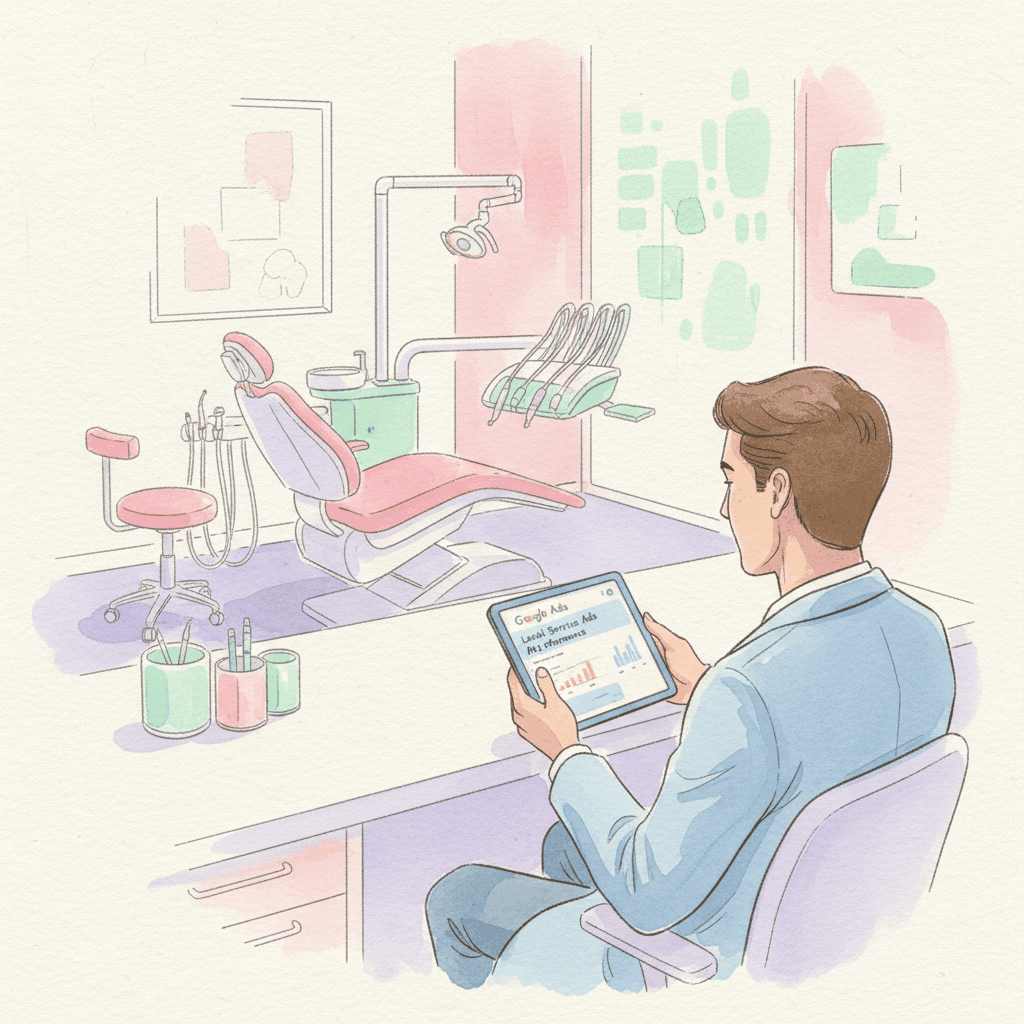 Watercolor illustration of dental professional reviewing advertising dashboard - Google Ads vs Local Service Ads for dental practices