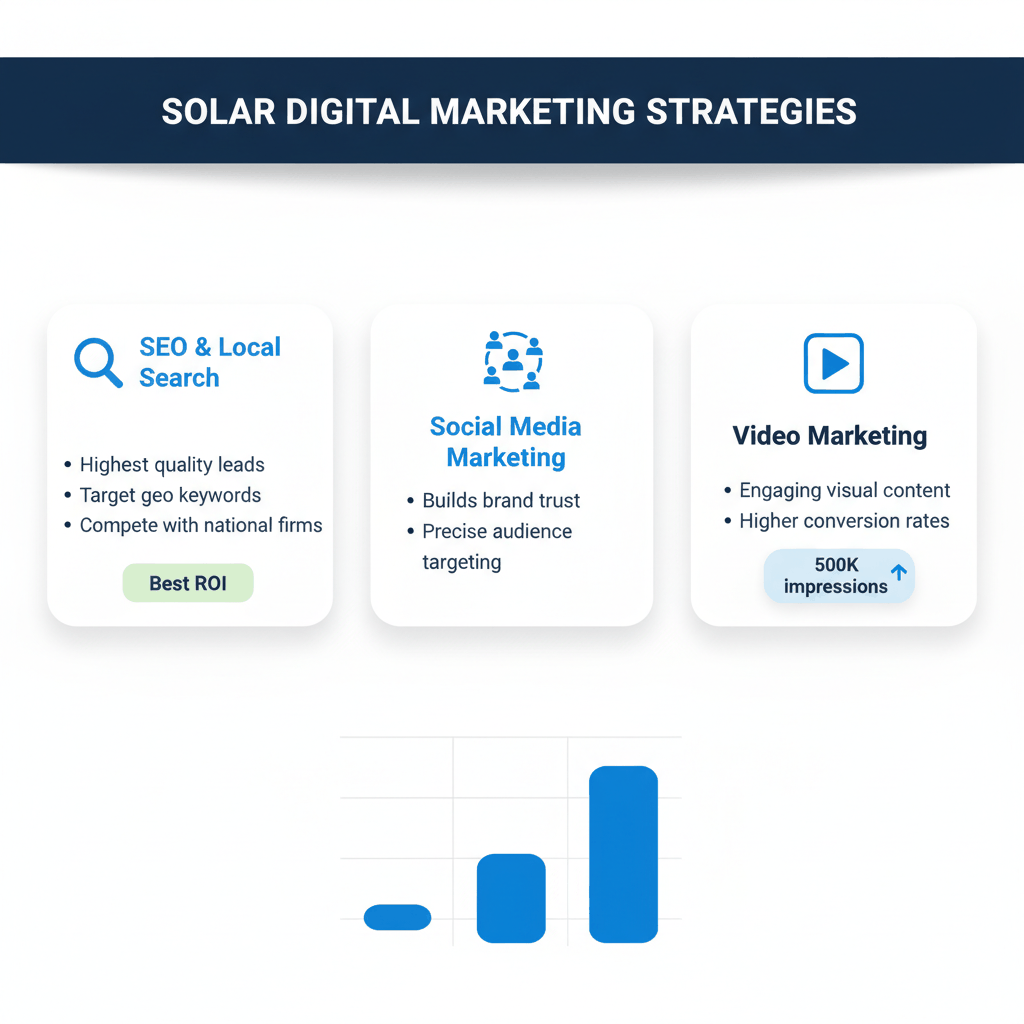 Digital marketing strategies comparison showing SEO, social media, and video marketing effectiveness for solar companies with performance metrics