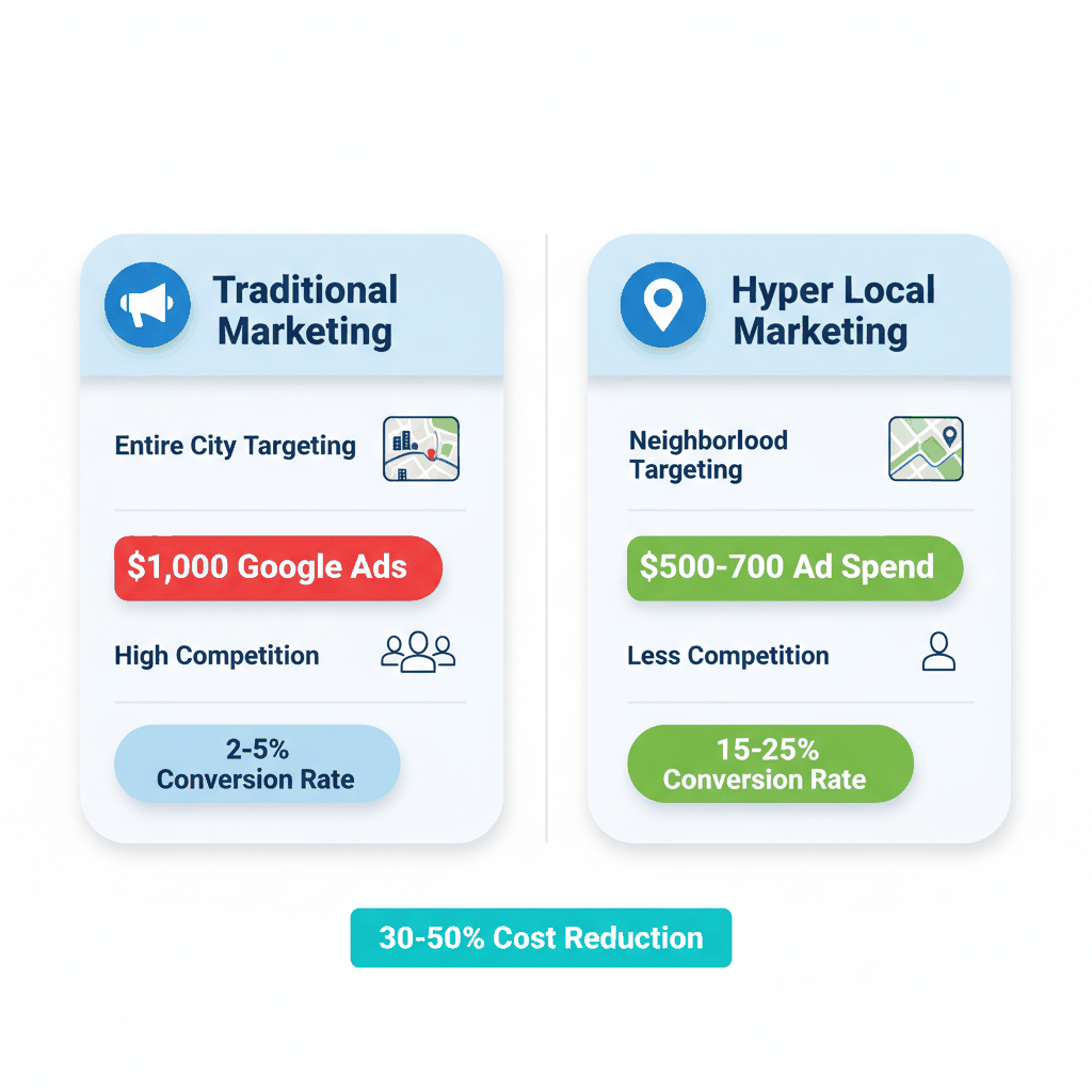 Traditional citywide marketing vs hyper local neighborhood targeting comparison showing cost savings and conversion improvements for painting contractors