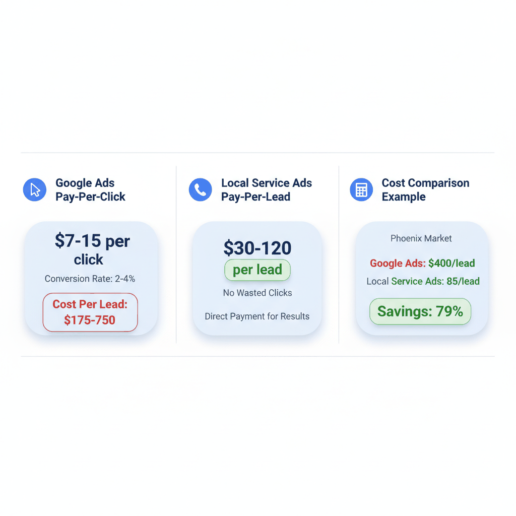 Cost structure comparison showing Google Ads vs Local Service Ads pricing for dental practices with real Phoenix market example