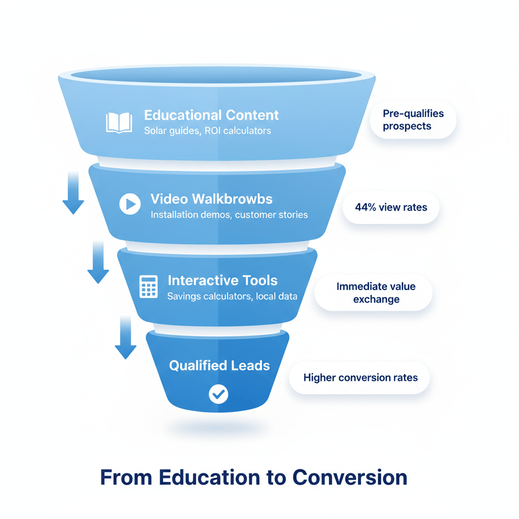 Content marketing funnel showing progression from educational content to qualified solar leads with engagement metrics