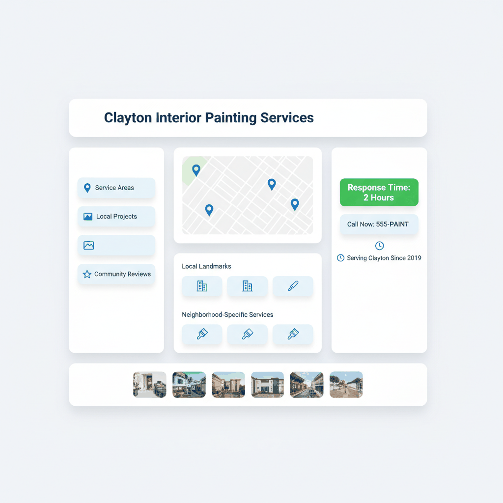 Neighborhood-specific landing page wireframe showing local SEO optimization elements including area maps, landmarks, and community-focused content for painting contractors