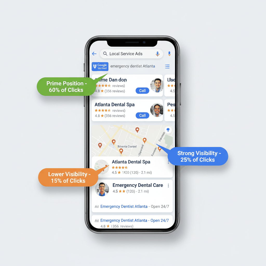 Mobile search results showing Local Service Ads placement above Google Ads for dental practices with click distribution percentages