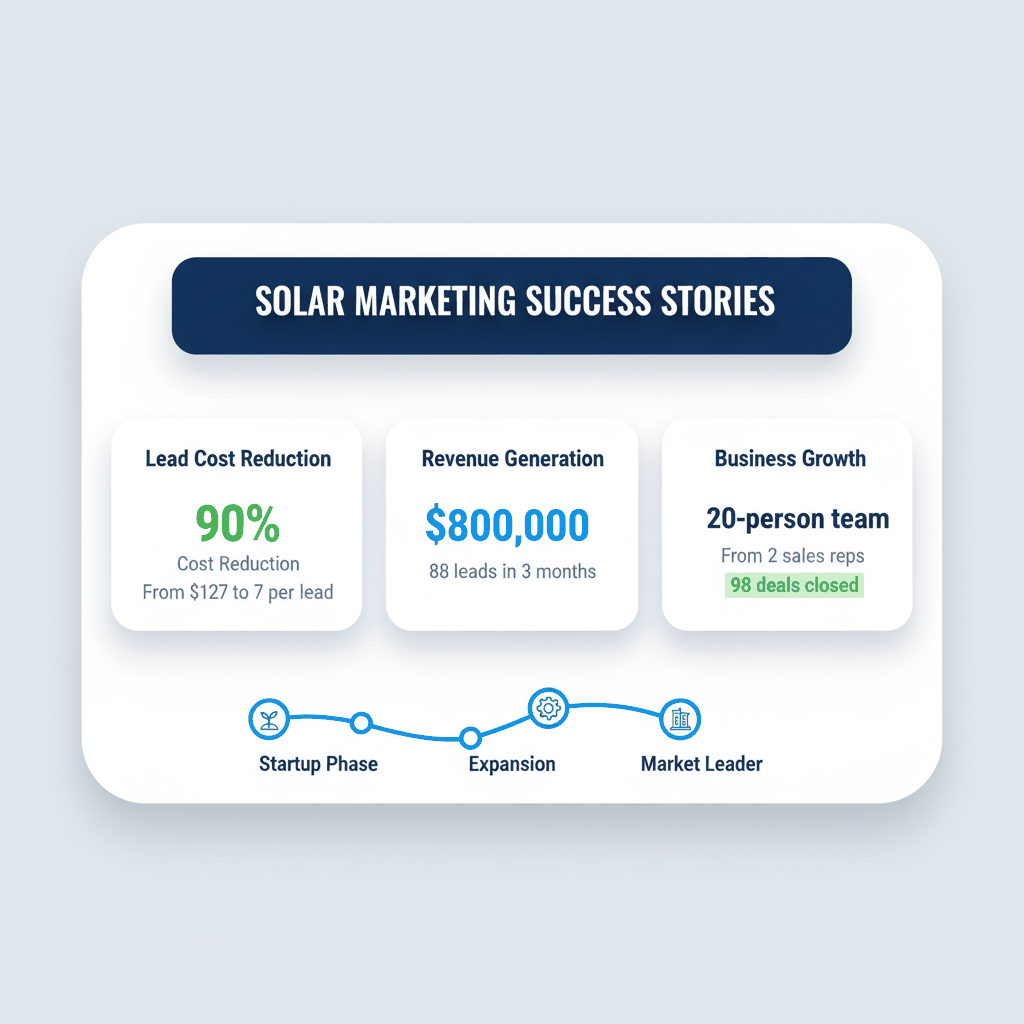 Solar marketing success stories dashboard showing 90% lead cost reduction, $800K revenue generation, and rapid business growth metrics
