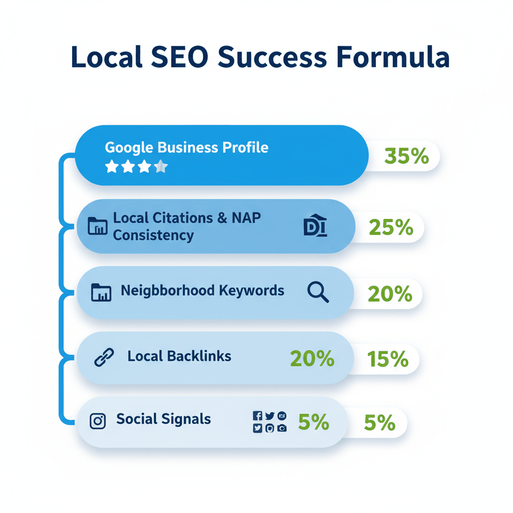 Local SEO ranking factors funnel showing Google Business Profile optimization and neighborhood keyword targeting priorities for painting contractor visibility