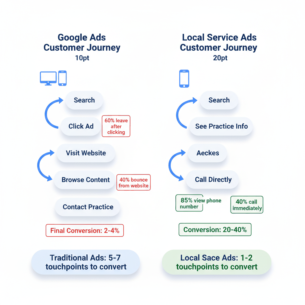 Lead conversion process comparison showing Google Ads multi-step journey versus Local Service Ads direct contact path with conversion rates
