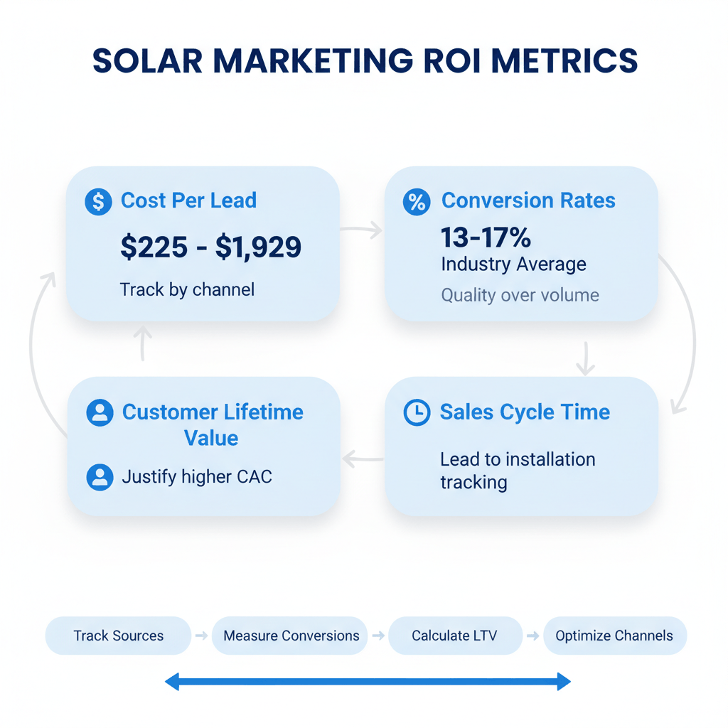Solar marketing ROI measurement framework showing key performance indicators including cost per lead, conversion rates, and customer lifetime value