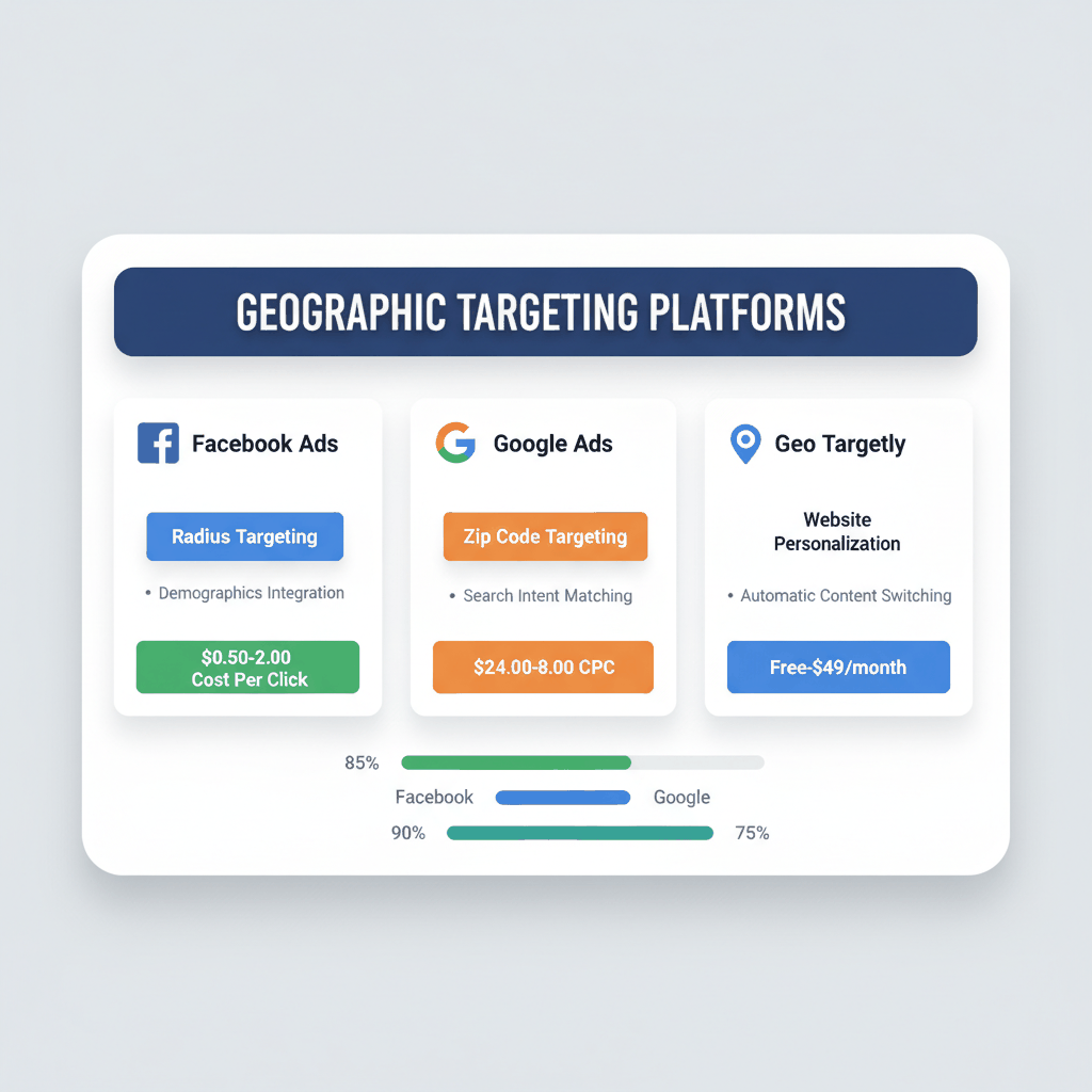 Geographic targeting tools comparison dashboard showing Facebook Ads, Google Ads, and Geo Targetly platforms with pricing and features for painting contractor campaigns