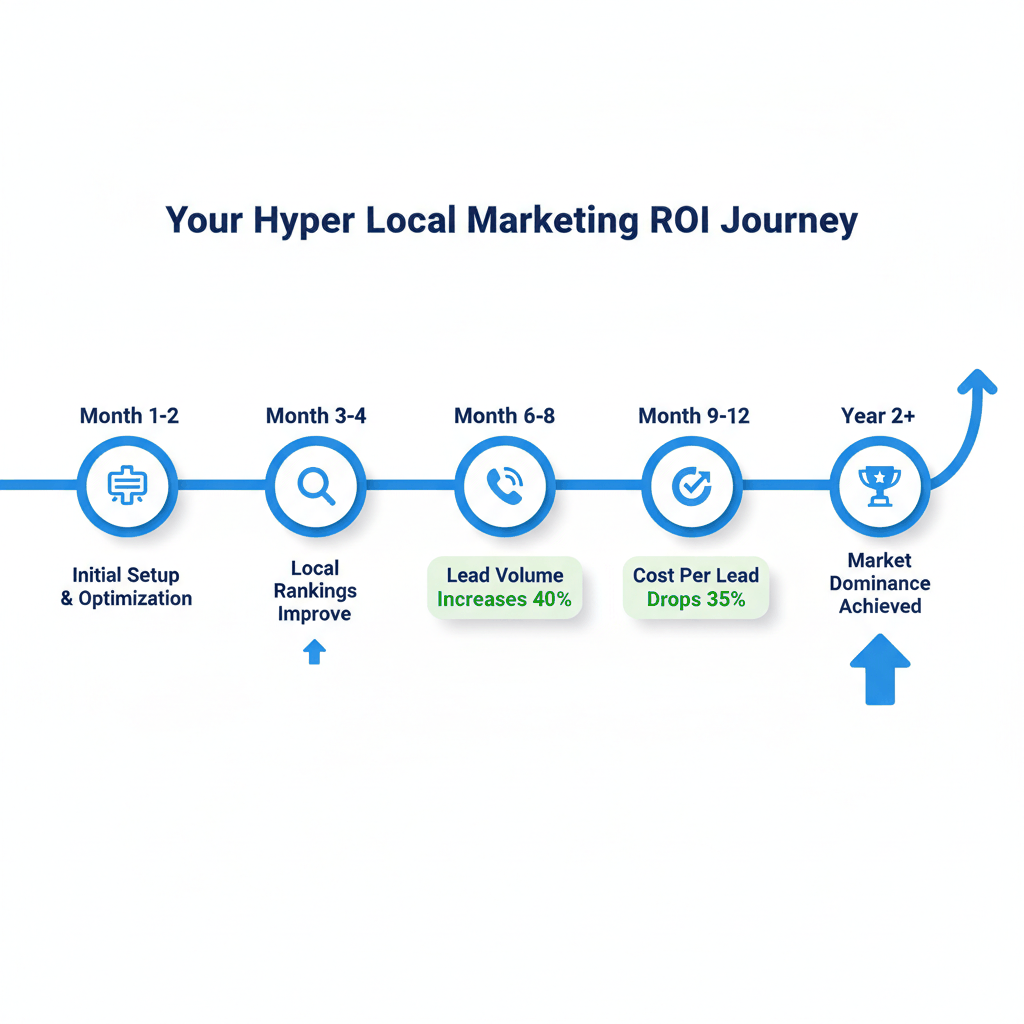 Hyper local painting marketing ROI timeline showing lead volume increases and cost reductions over 12-24 months for neighborhood targeting campaigns