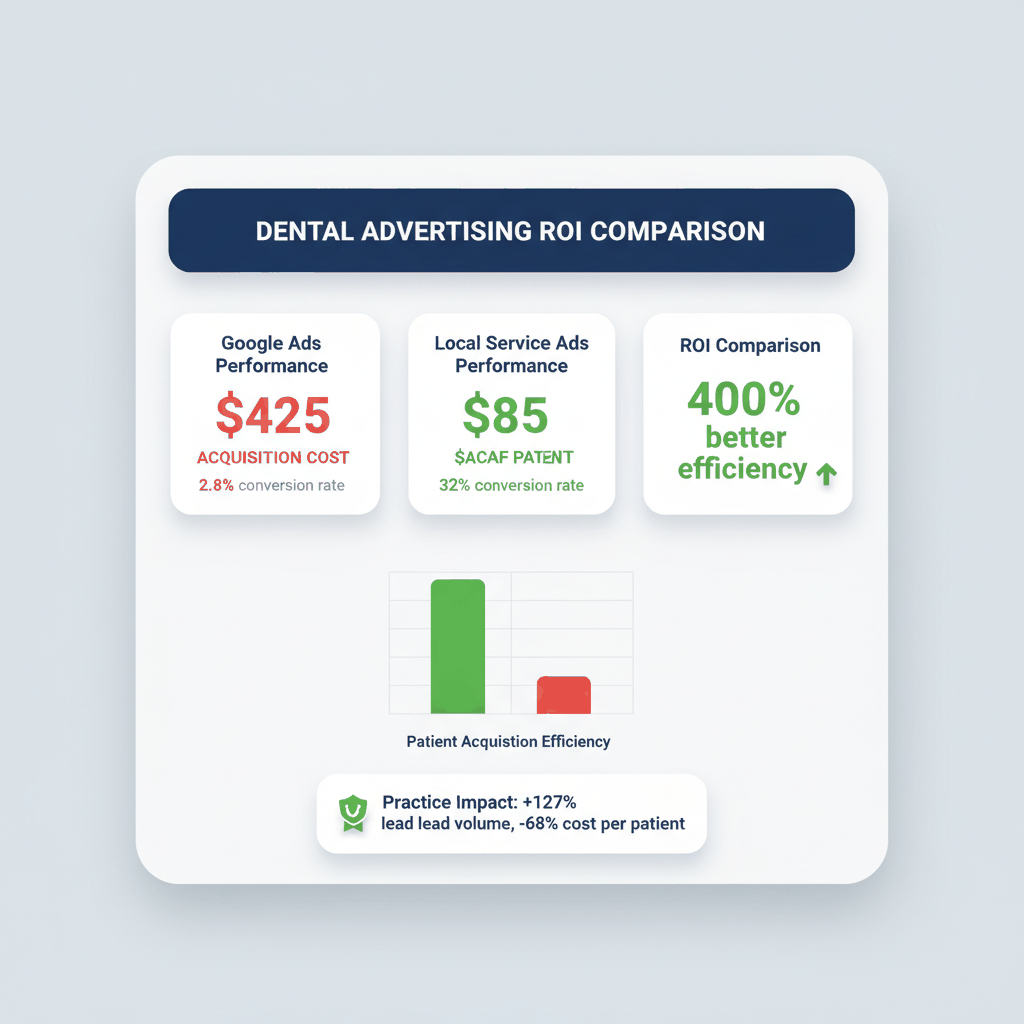 ROI performance dashboard comparing Google Ads vs Local Service Ads patient acquisition costs and conversion rates for dental practices