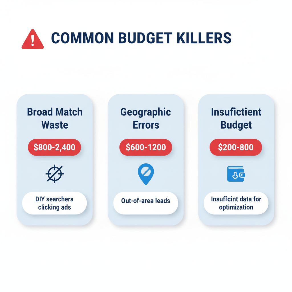 Budget mistake comparison chart showing $800-2400 monthly waste from broad match keywords, geographic targeting errors, and insufficient budgets for window installation Google Ads