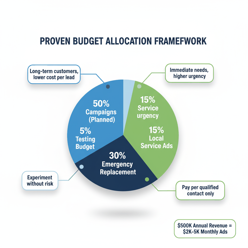 Window installation Google Ads budget allocation pie chart showing 50% planned replacements, 30% emergency, 15% Local Service Ads, 5% testing for optimal ROI