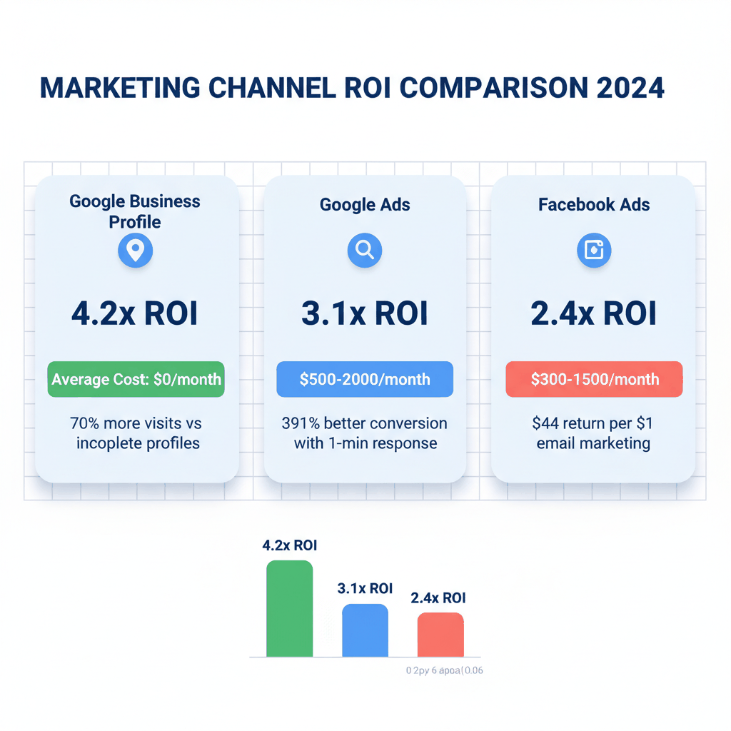Tree service marketing channel ROI comparison showing Google Business Profile, Google Ads, and Facebook Ads performance metrics and costs