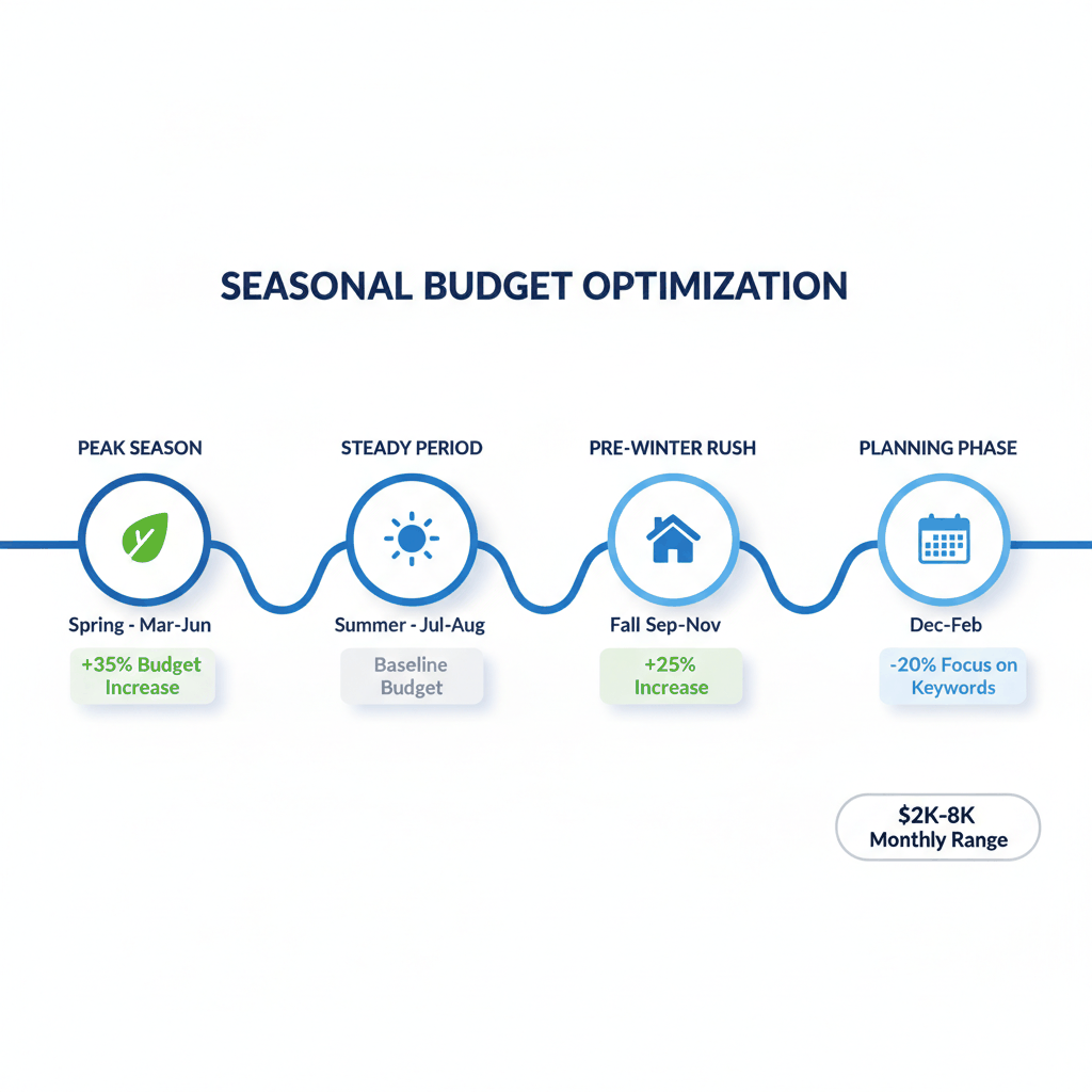 Seasonal Google Ads budget adjustment timeline for window companies showing 35% spring increases, steady summer baseline, 25% fall boost, and 20% winter reduction