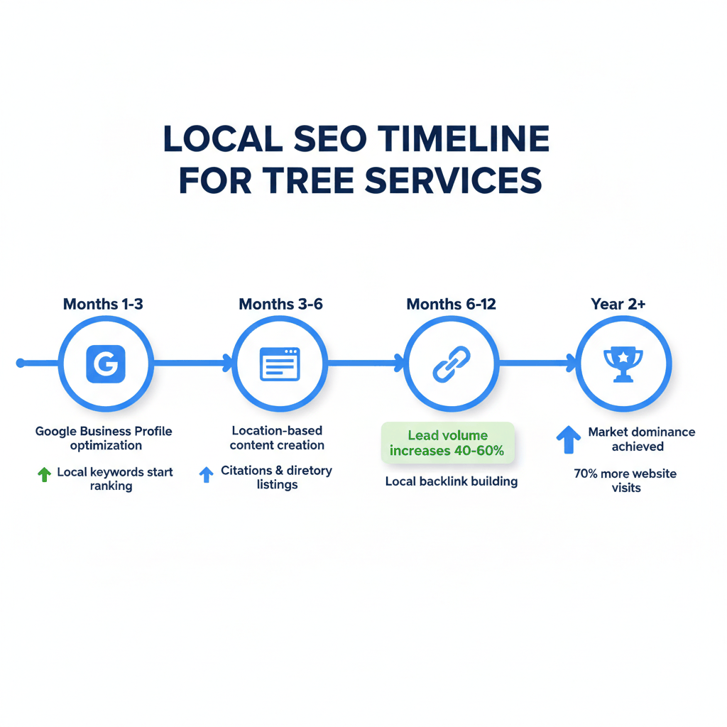 Local SEO timeline showing 4-stage progression for tree service businesses from Google Business optimization to market dominance over 2+ years