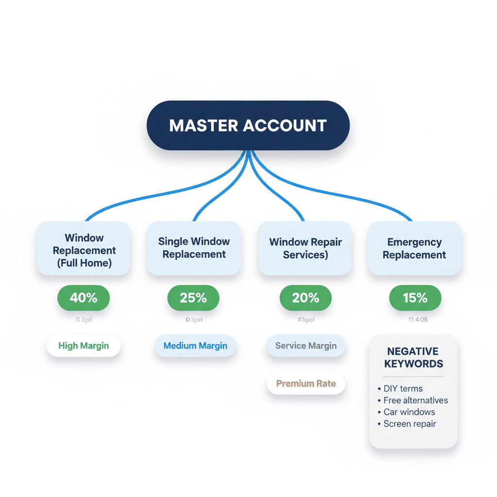 Window installation Google Ads campaign structure showing four service-based campaigns with budget allocation percentages and negative keyword strategy