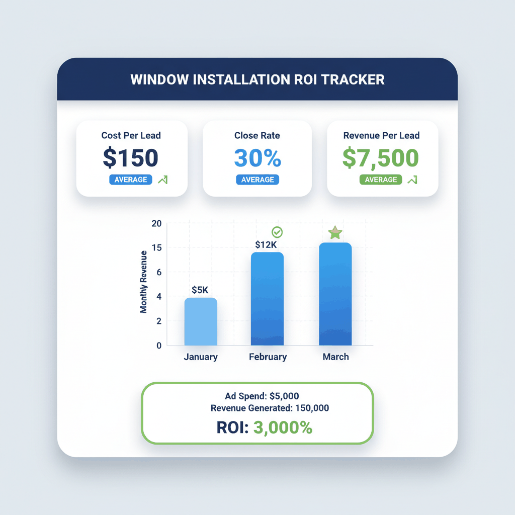 Window installation Google Ads ROI tracking dashboard showing $150 average cost per lead, 30% close rate, and 3000% return on investment metrics