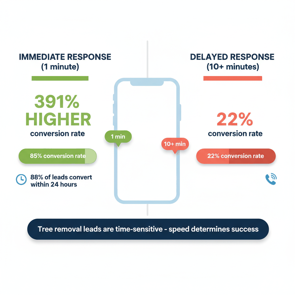 Lead response time comparison showing 391% higher conversion rates for tree service companies responding within 1 minute versus delayed response