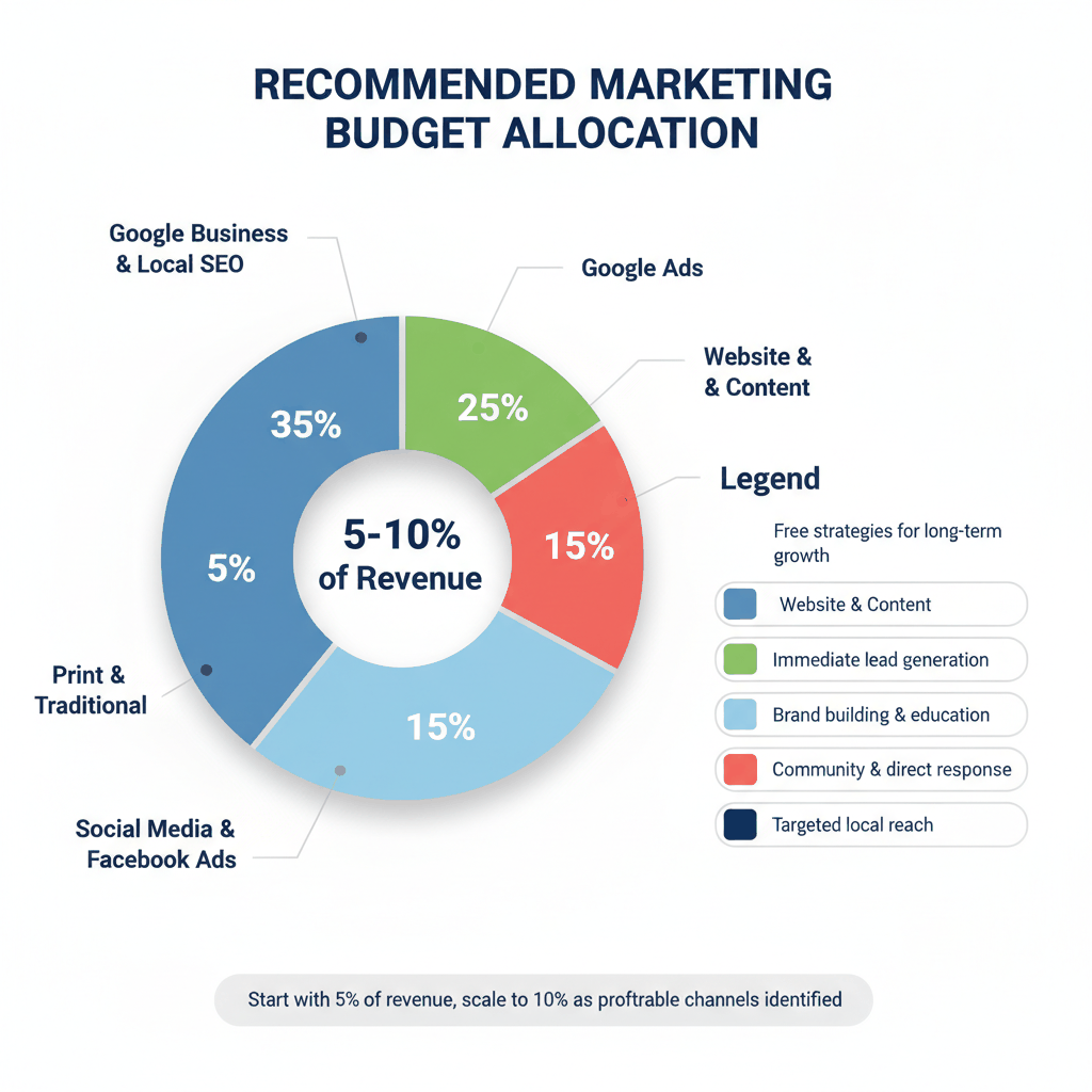 Tree service marketing budget allocation pie chart showing recommended percentage distribution across Google Business, Google Ads, website content, and social media channels